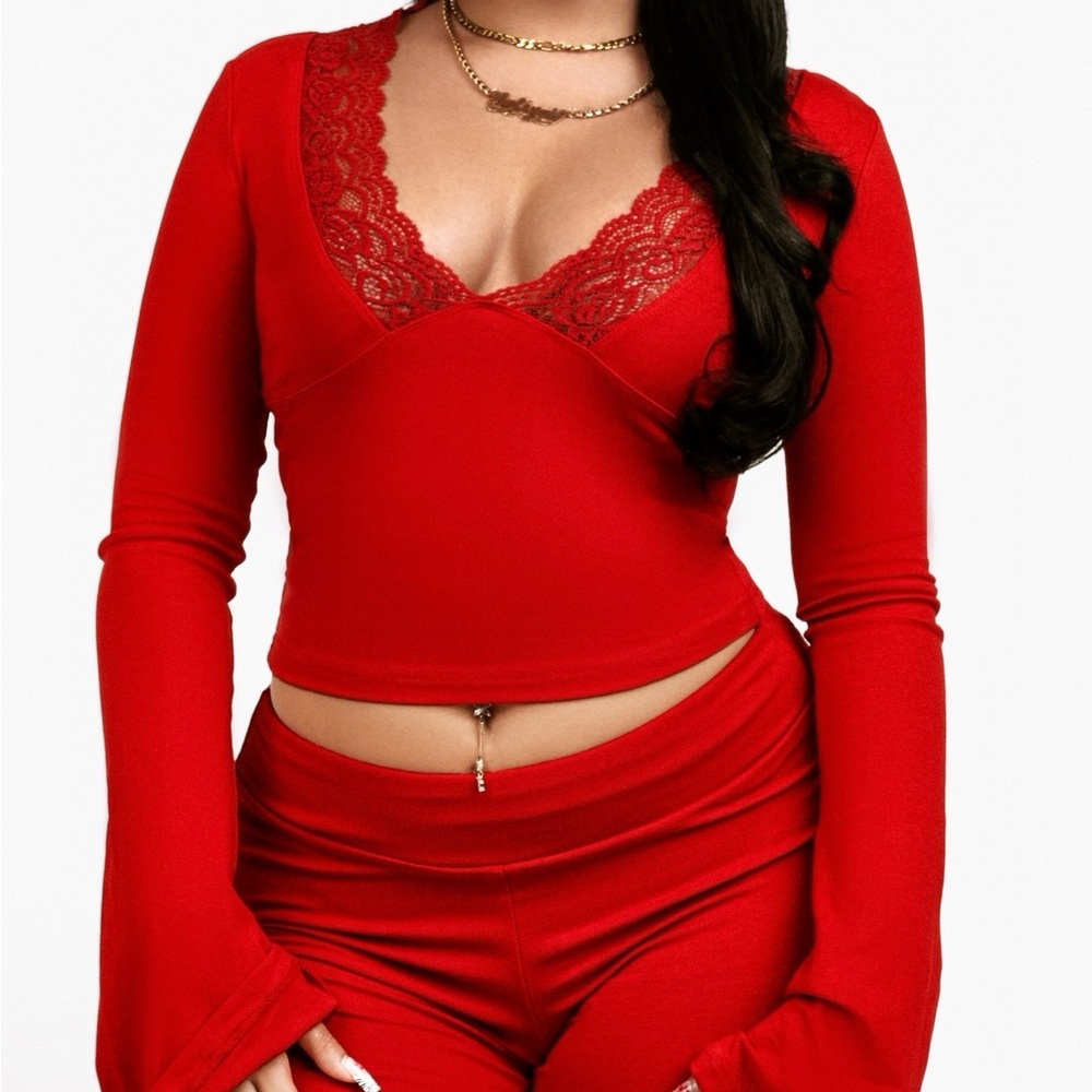 Elegant Red Lace Trim Sleepwear Set